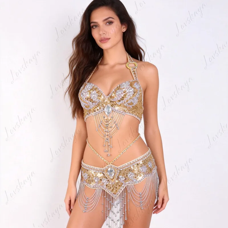 New Belly Dance Costume Handmade Beaded Bra Waist Seal Set Indian Dance Sexy Dance Table Suit