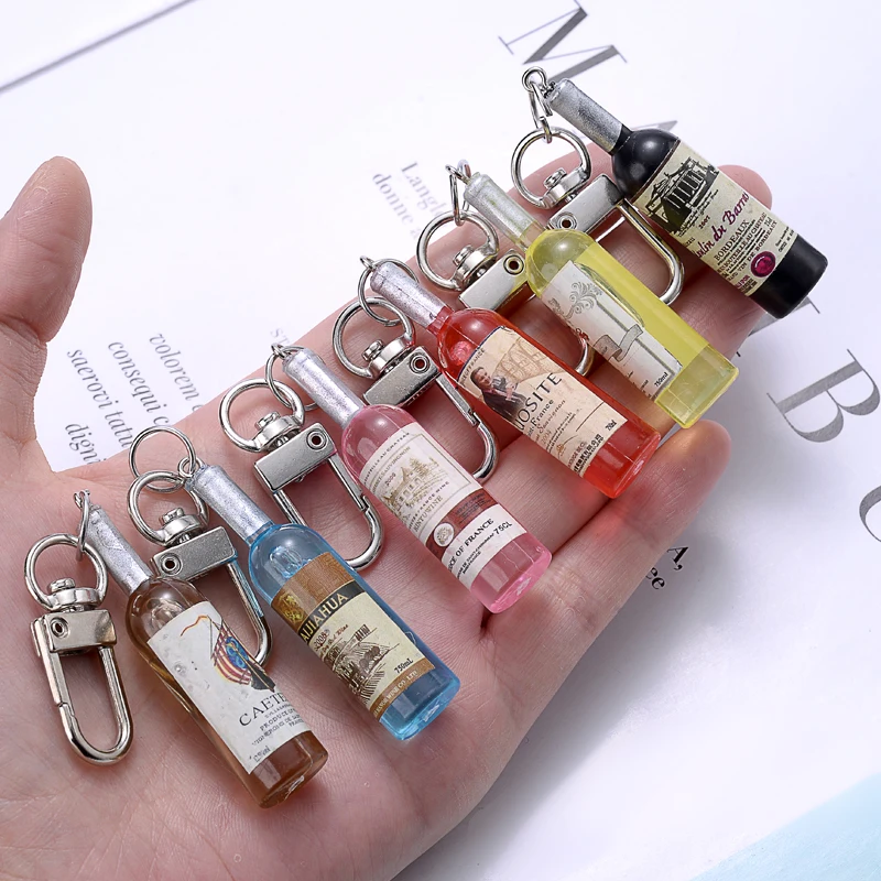 Fashion Women 6 Color Simulation Glass Bottle Keychain Resin Red Wine Bottle Trinket Keyring Jewelry Pendant Travel Souveni Gift