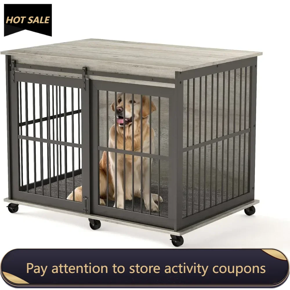 

43.7'' Dog Crate with Cushion for Medium to Large Pets,Heavy Duty Indoor Puppy Kennel with Flip-up Top and Sliding Door, Grey