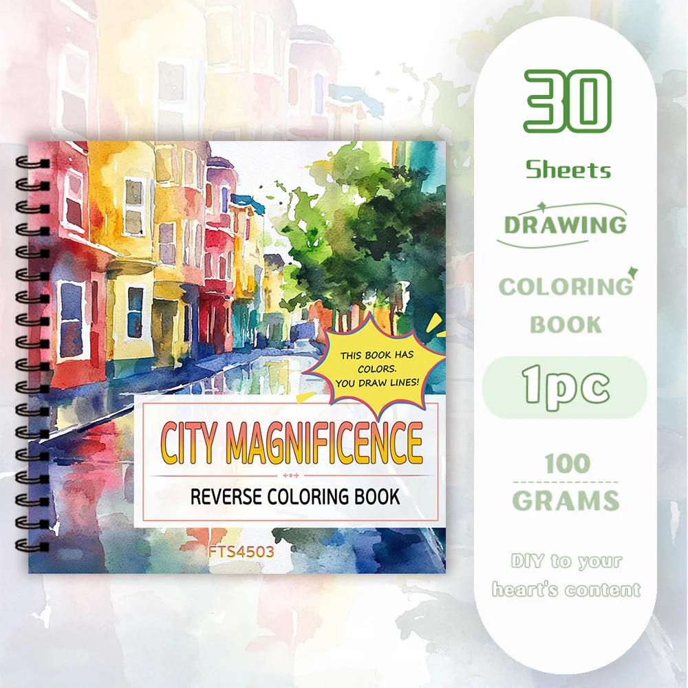 

1pc, City Reverse Colouring Book, 30 sheets of 100gsm, Relaxing & Creative Lines ‘All You Need Is A Pen Book’ Birthday Gift
