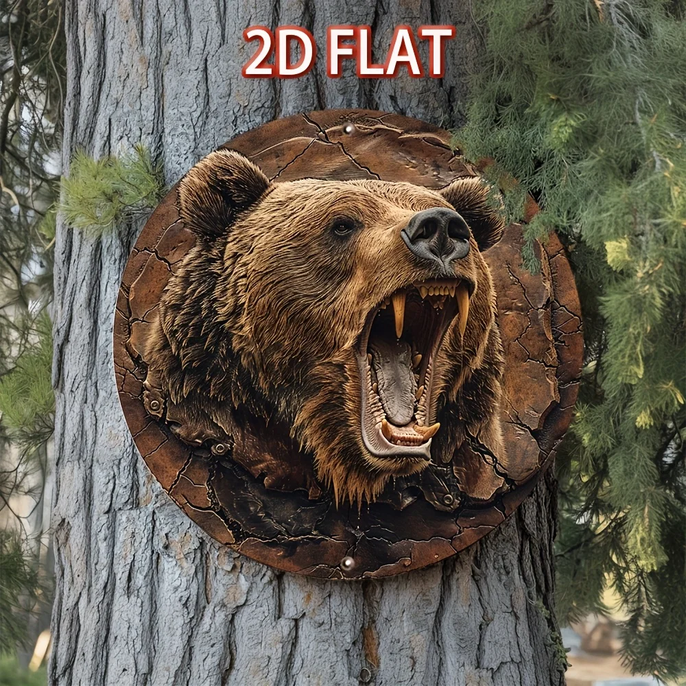 2D Flat - 1 Vintage Style Grizzly Bear Roar Aluminum Tin Sign - Realistic Bear Design, Rustic Spring Garden Decor,