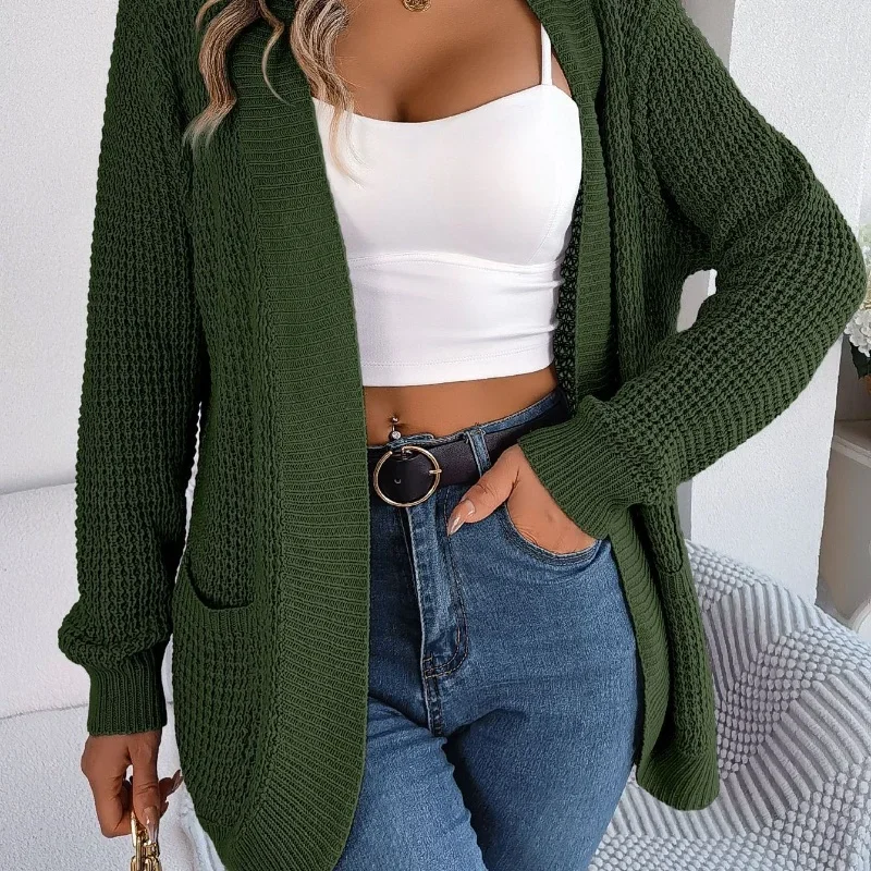 Outono inverno nova camisola de manga comprida para mulheres simples fácil correspondência bolso malha cardigan casual confortável jaqueta solta