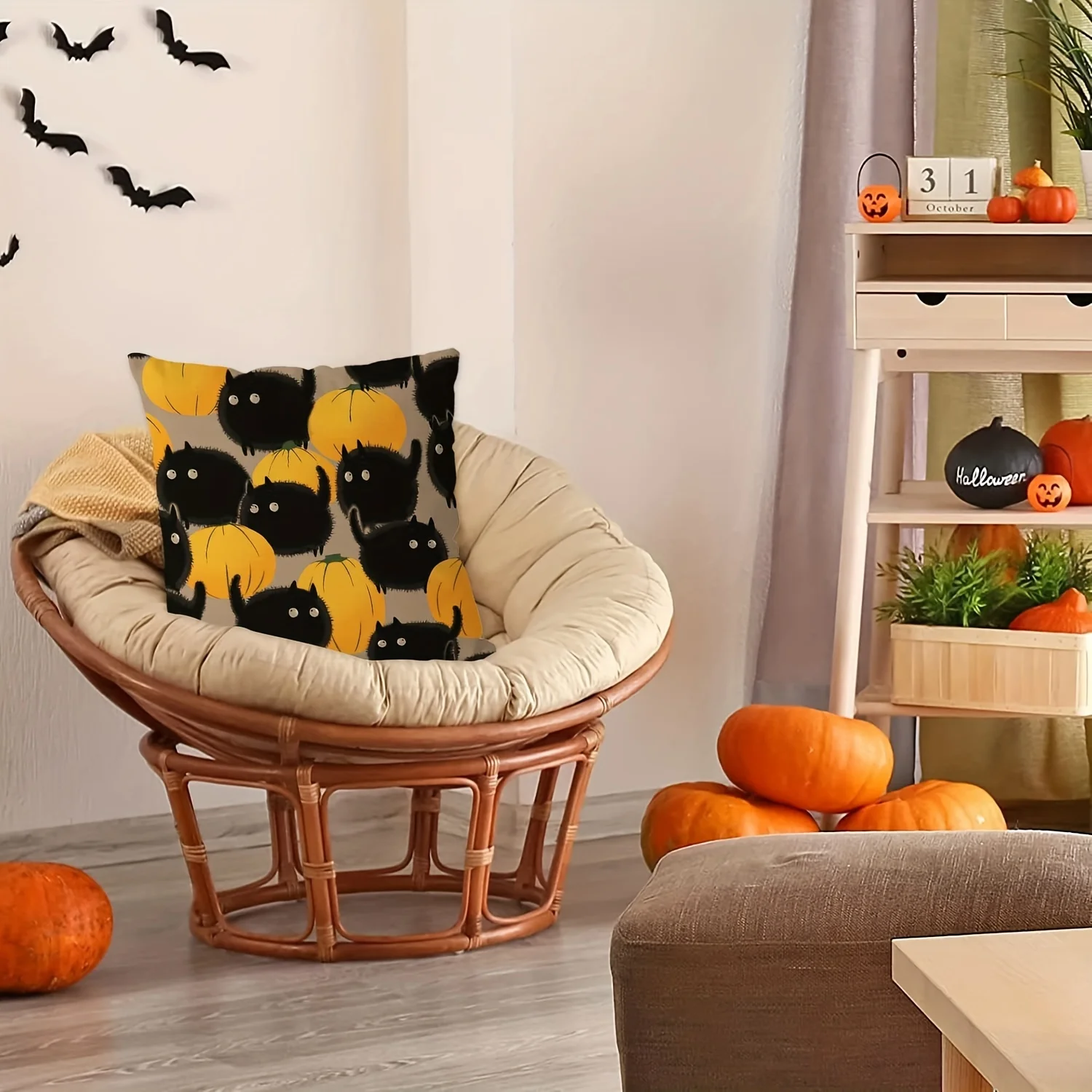 1pc, Linen Halloween Pillow Covers, Halloween Pumpkin Cat Linen Pillowcase, Holiday Farmhouse Indoor Outdoor Couch Cushion Case for Sofa and Home Decor, 16x16, 18x18, 20x20 (No Pillow Core.)