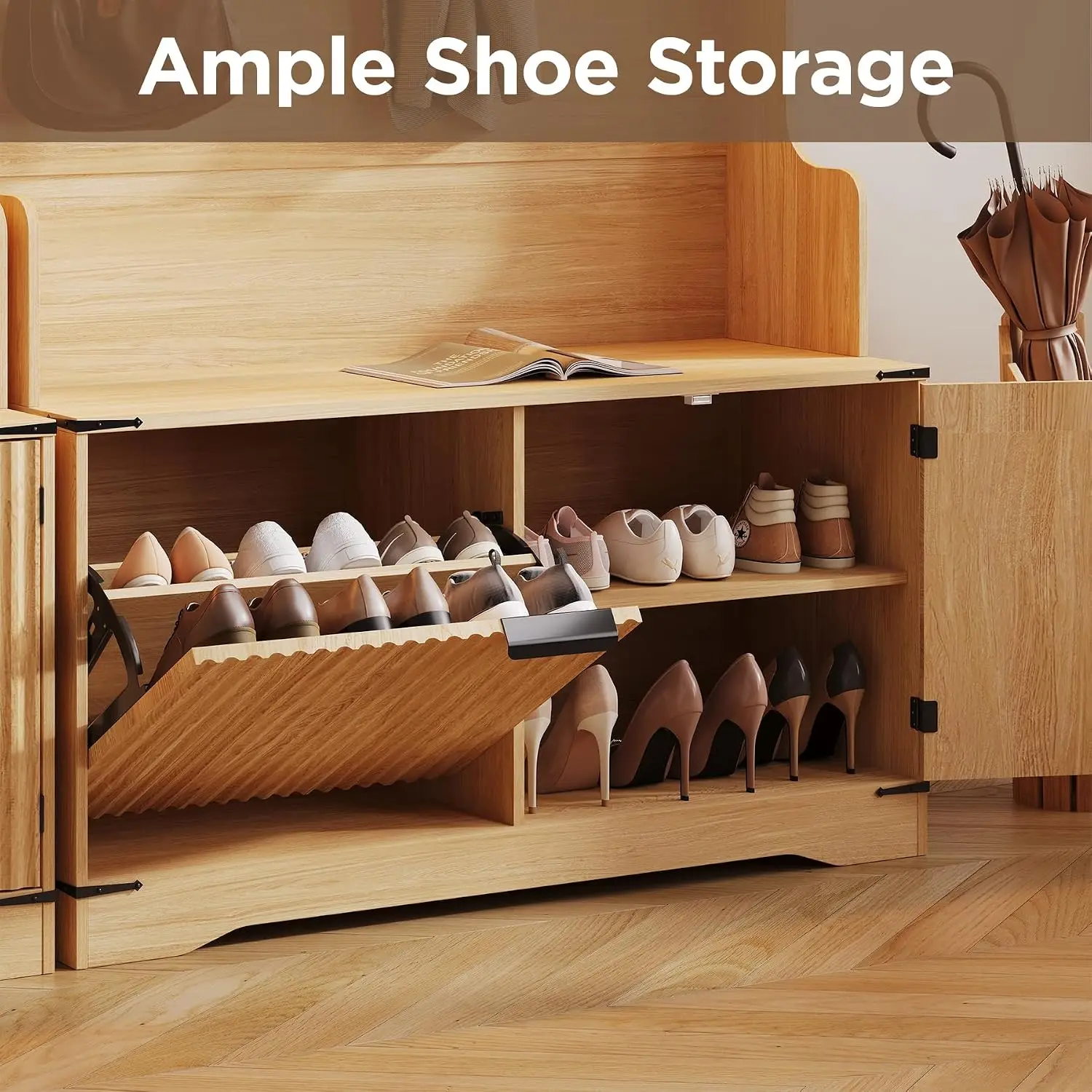 5-in-1 Entryway Hall Tree with Bench and Shoe Storage, Oak