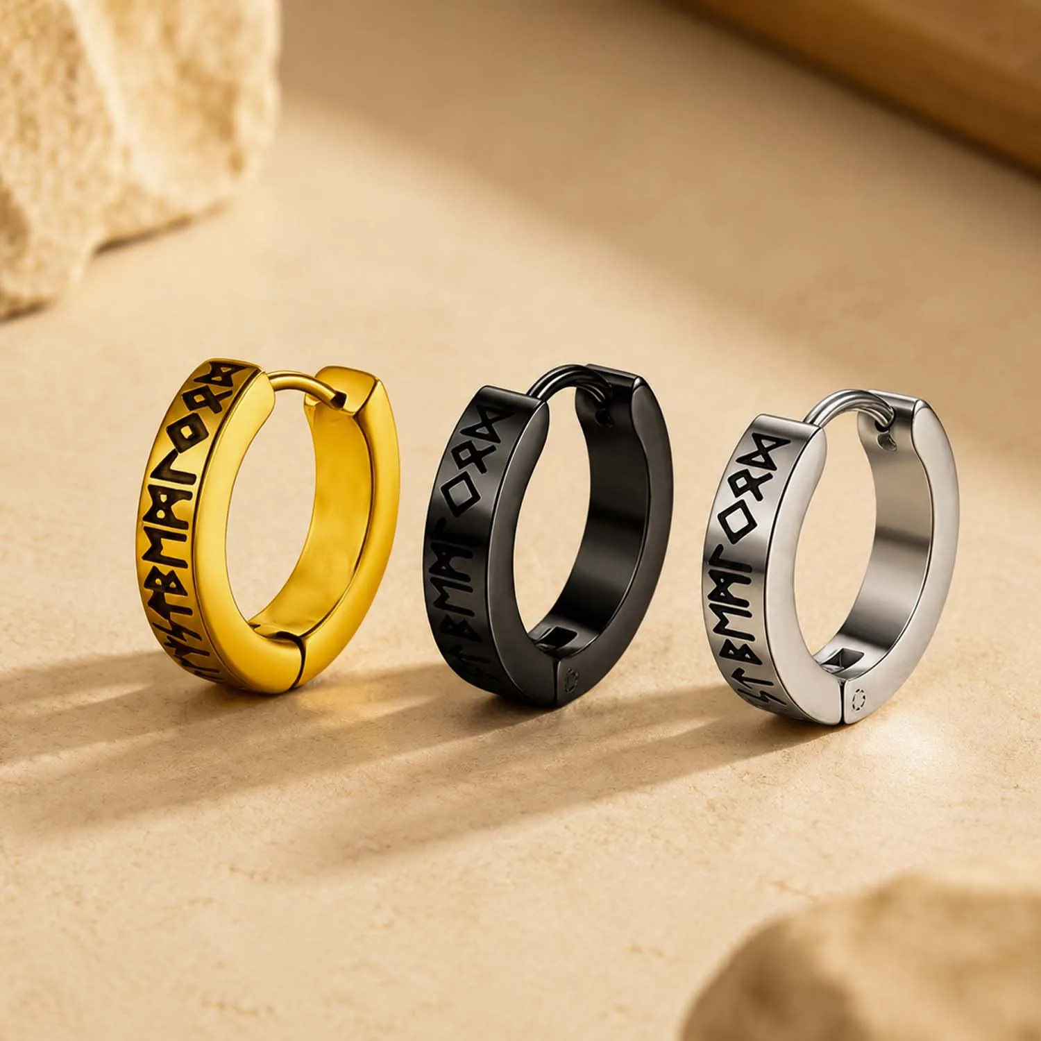 Stainless Steel Viking Rune Huggie Hoop Earrings Norse Punk Gothic Unisex Anti-Fade Hypoallergenic Ear Jewelry For Men Women