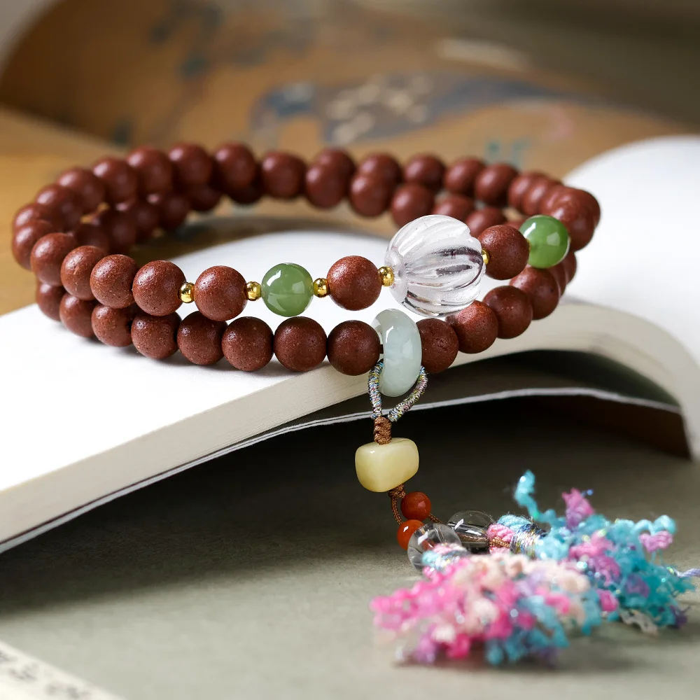 

Lady Huarui Hand-Knotted Double-Circle Bracelet Antique Amber, Jadeite, Natural White Crystal, Medicinal-Scented Bead Bracelet