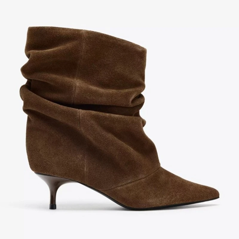 2026 Spring New Pleated Pile Mid-calf Boots Women's Pointed Toe Versatile  Stiletto Shoes