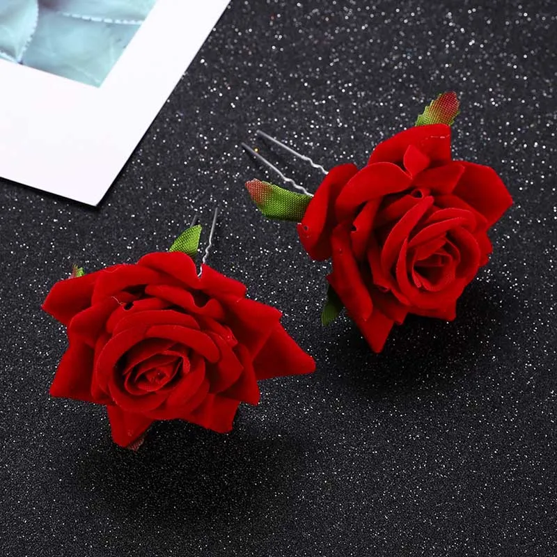 

U Type Red Rose Wedding Bride Jewelry Hair Accessories Hair Fork Silk Flower Headdress Handmade Party Hair Accessories