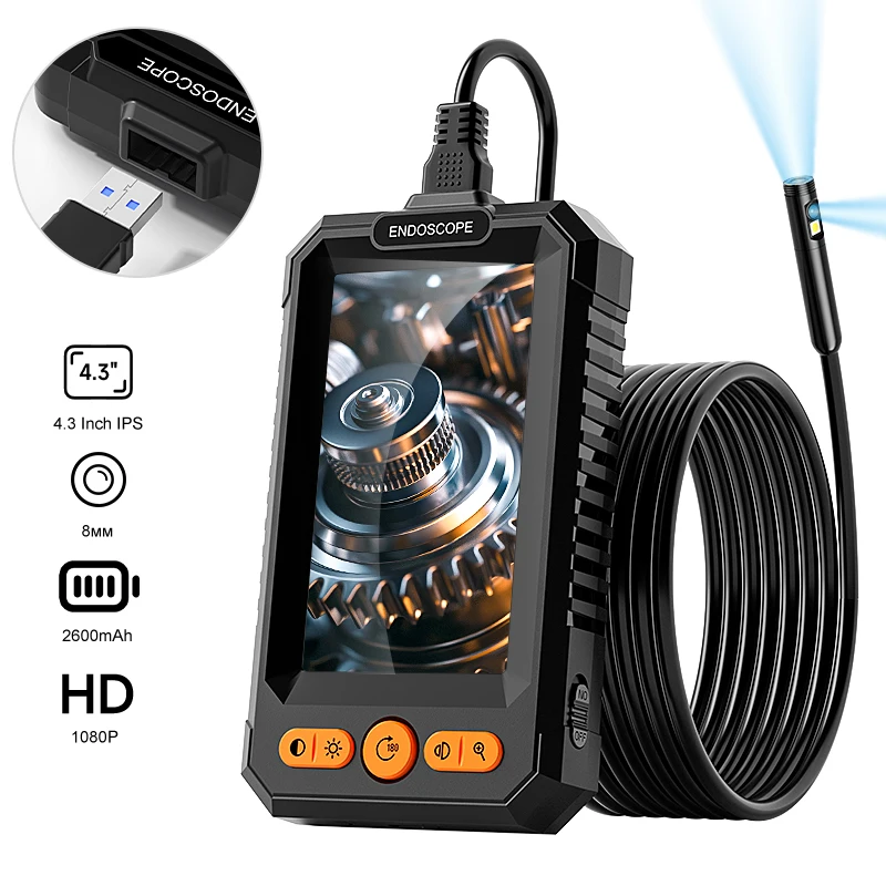 4.3'' Screen Endoscope Single&Dual 8mm Camera 2-100m Rigid Hold-hand Borescope IP67 Waterproof Lens for Inspection Car&Pipe