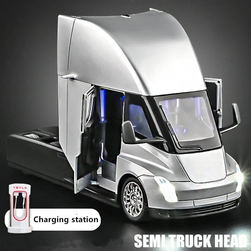 

1/24 Teslas SEMI Alloy Semi Trailer Truck Head Car Diecast Container Truck Engineering Transport Vehicle Car Model Kids Toy Gift