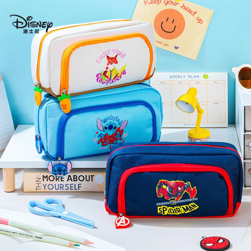 Disney Spider-Man Pen Bag Student Cartoon Stitch Double layer large capacity Pencil Bag Girl Large Capacity Pen Bag Kids Gift