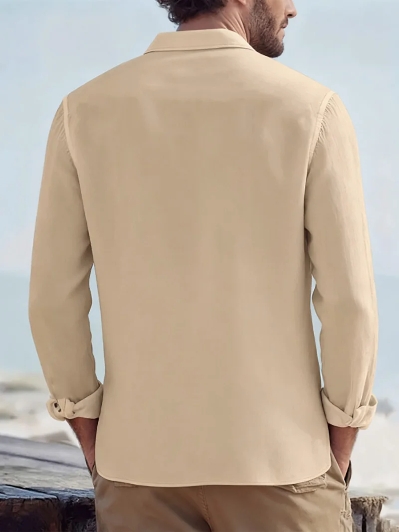 Men Spring Autumn Solid Color Linen Cardigan Lapel Collar Long Sleeve Shirt S3e9a9ba44c3640b18bf78b78d611362es