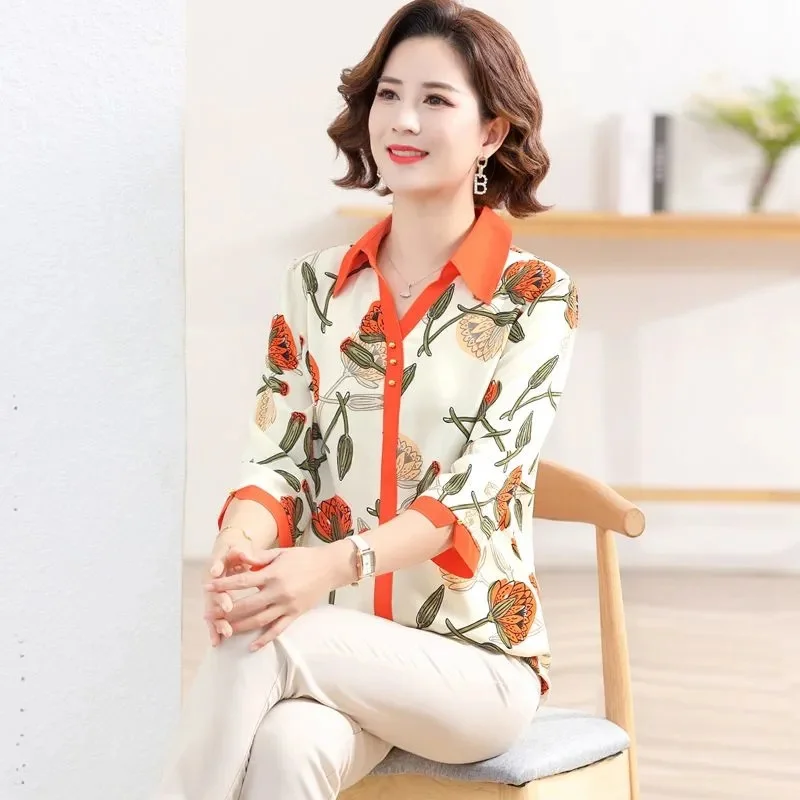 2023 New Mother's Summer Shirt Mid-Sleeve Top Thin Middle-Aged and Elderly Women's Seven-Point Sleeve T-shirt Small Shirt Suit X