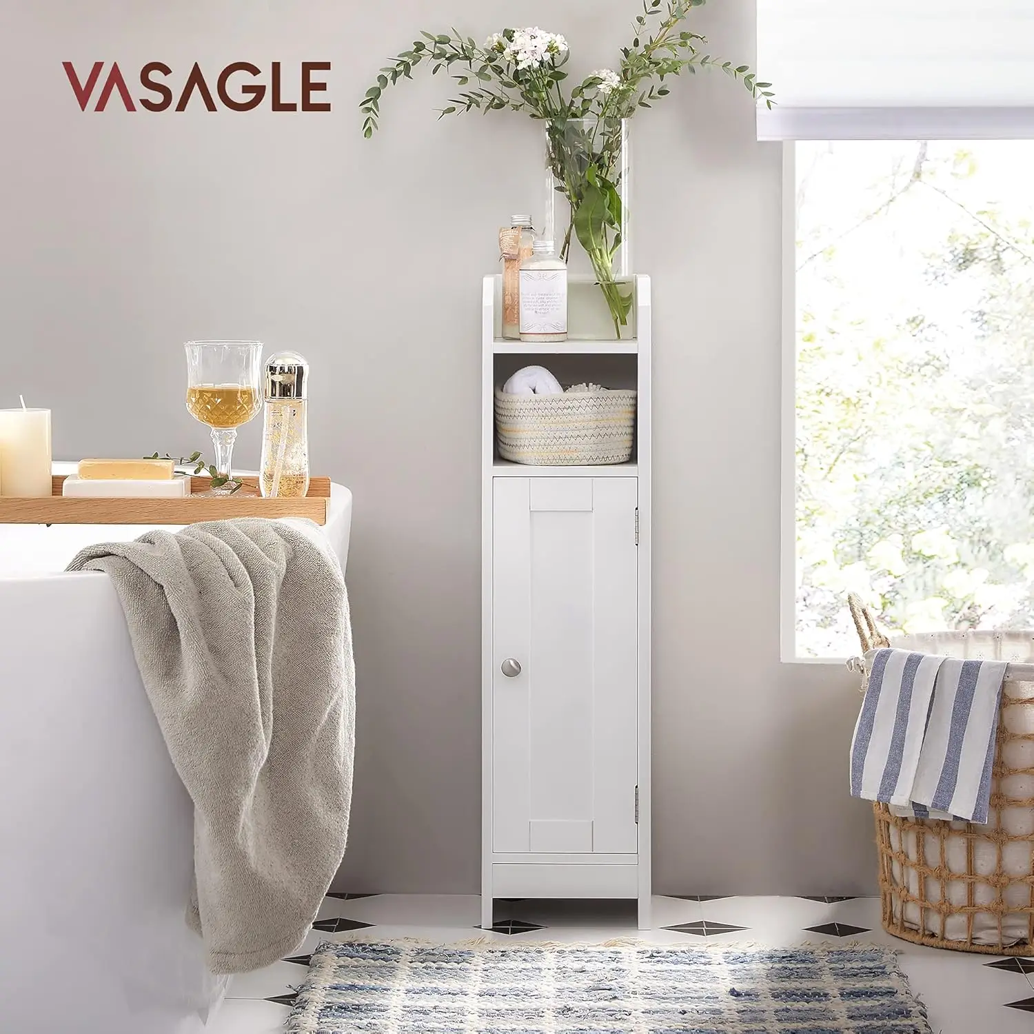 VASAGLE Small Bathroom Storage Corner Floor Cabinet with Door and Shelves, Bathroom Storage Organizer,