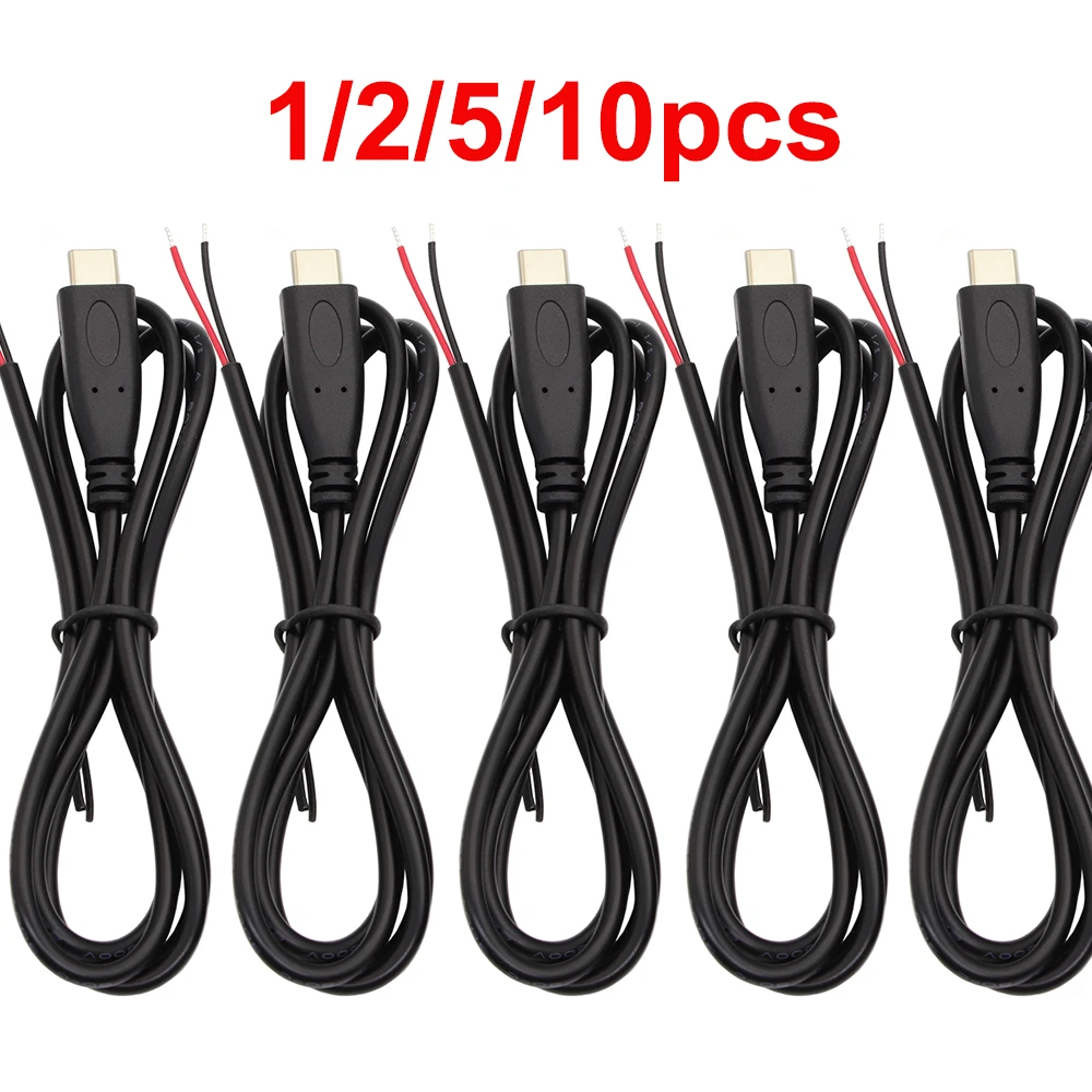 1/2/5/10Pcs High quality Type C Male Plug to 2 Pin Bare Wire Open End Power Cord USB C Pigtail Cable Charging Connector 1M