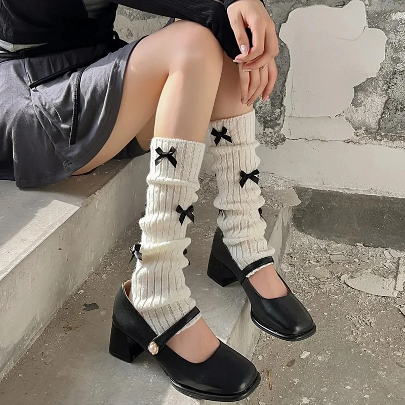 Japanese Lolita White Black Bow Tie Leggings Leg Warmers Women Girl Y2k Harajuku Kawaii Knitted Socks Boot Cuffs Warm Foot Cover