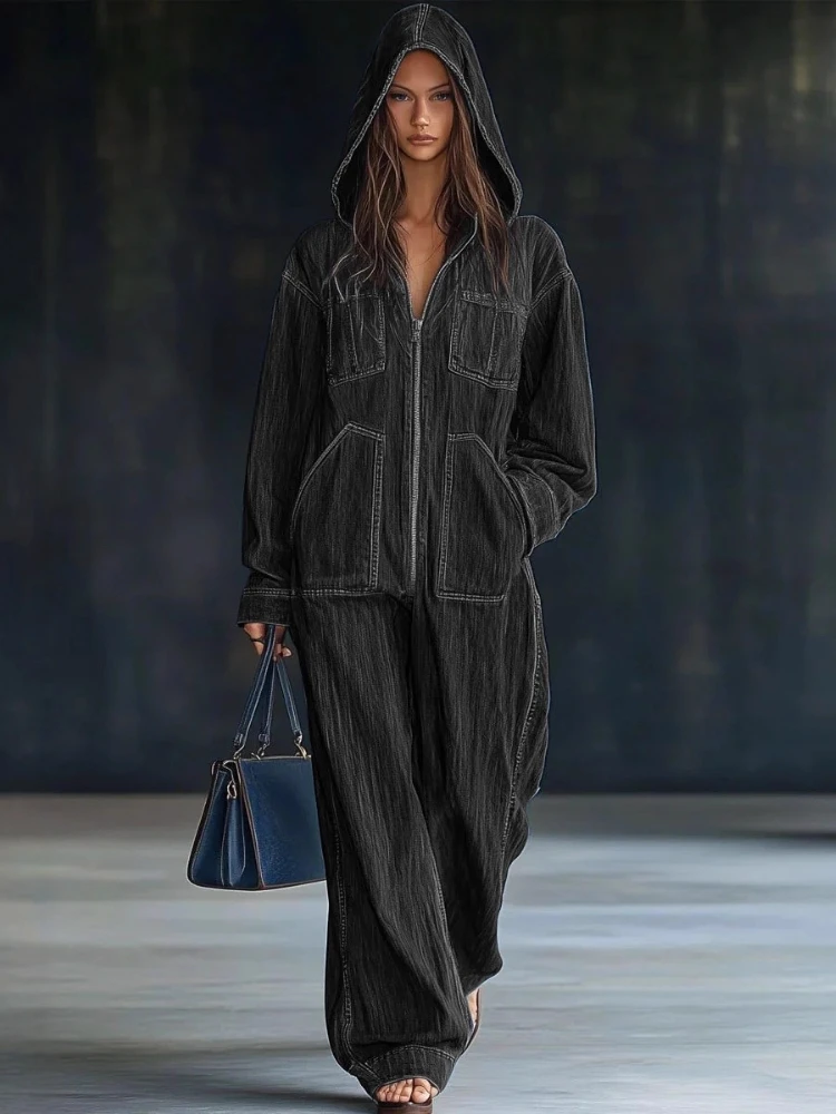 Monos vaqueros para mujer para Otoño Invierno manga larga cremallera suelta moda ropa de calle monos pantalones de pierna ancha Jeans 2025