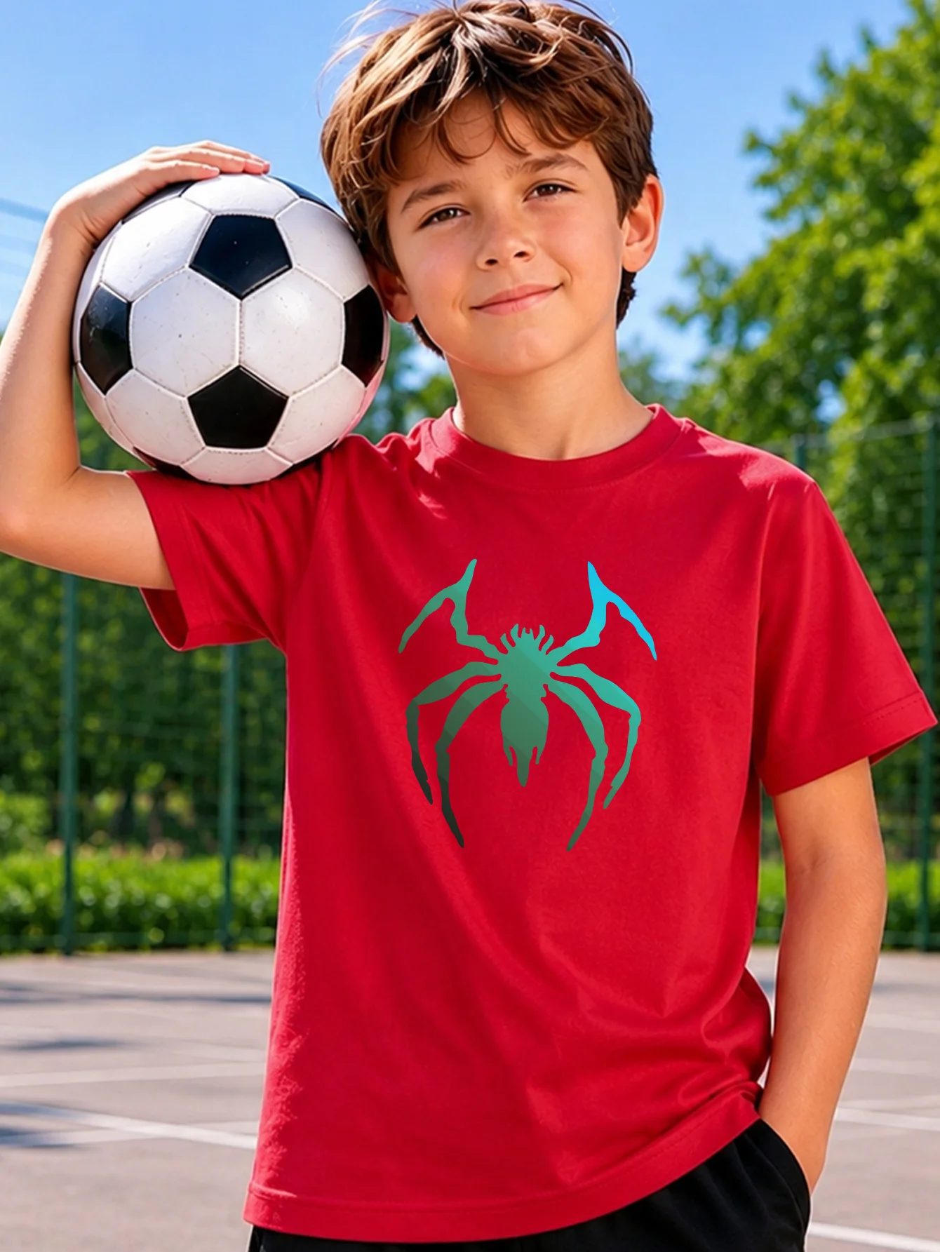 Gradient Green Spider Cool Pattern Print Boys Girls Family Matching Cotton Short Sleeve Crew Neck Soft Summer Kids Casual Tees