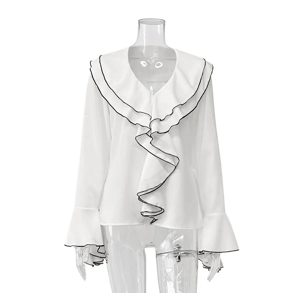 

2026 New Women's Clothing Ruffle Edge Ribbon Design Sense Long Sleeved Shirt Elegant Top
