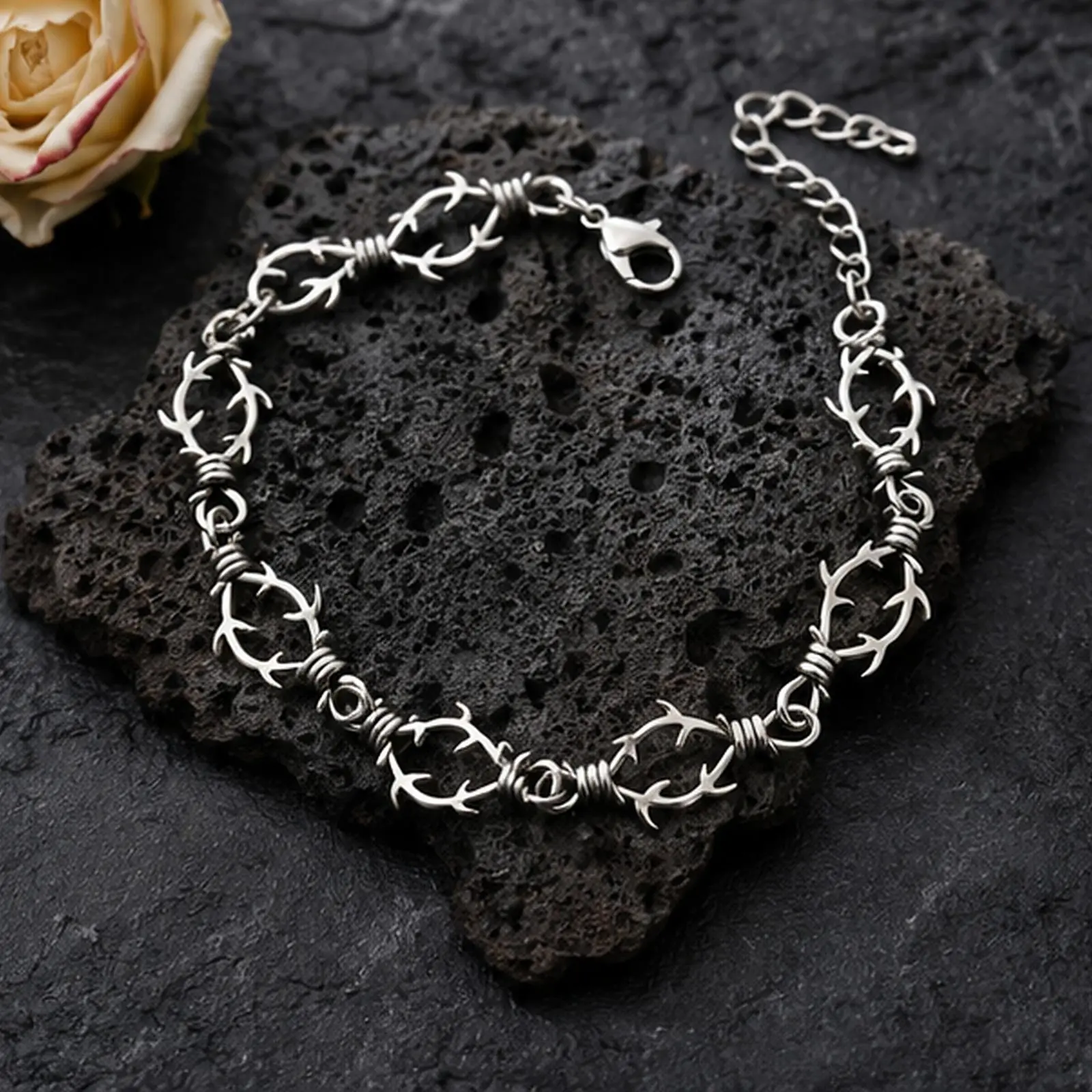 Punk Thorn Chain Bracelet for Men Women, Alloy Gothic Spike Bangle, Statement Jewelry Cool Girls Gift