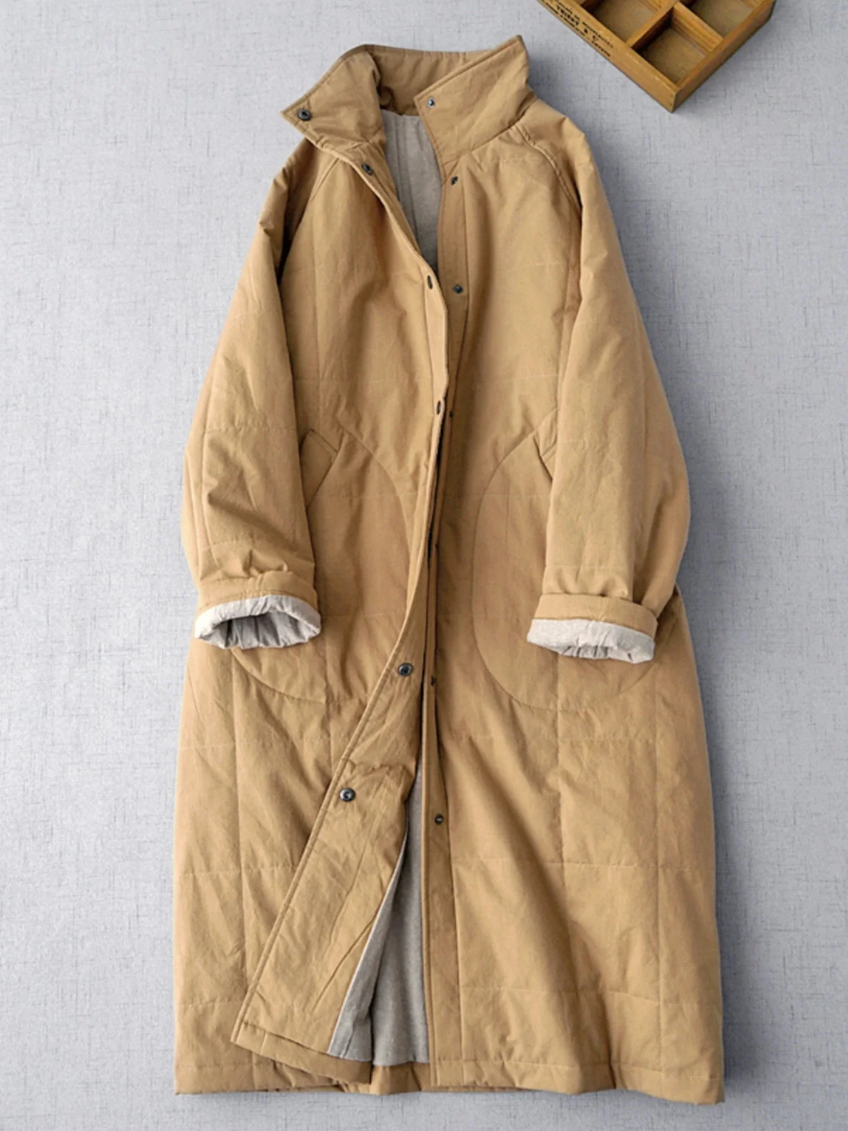 Kaki Color Thickened Winter Coat Women's Cotton Jacket over Knee Length Mid-Length Commuter Style Loose Fit Long Sleeve Coat
