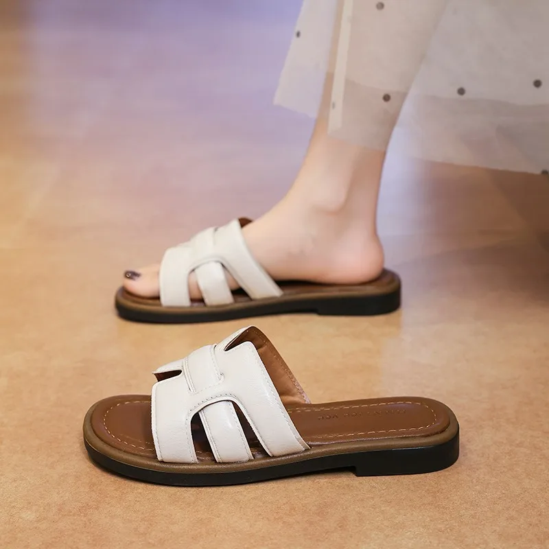 Summer Retro French Style One Strap Slides For WomenFlat Heel Casual SandalsComfortable All Match Outdoor Daily Walking Footwear