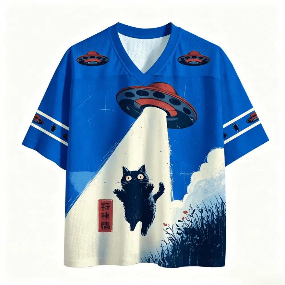 Sommerliches amerikanisches Retro Sci-Fi UFO Katzen 3D-Druck Atmungsaktives Schnelltrocknendes V-Ausschnitt T-Shirt für Herren und Damen – Sportlich-lässige Eltern-Kind-Kleidung – Detail 6