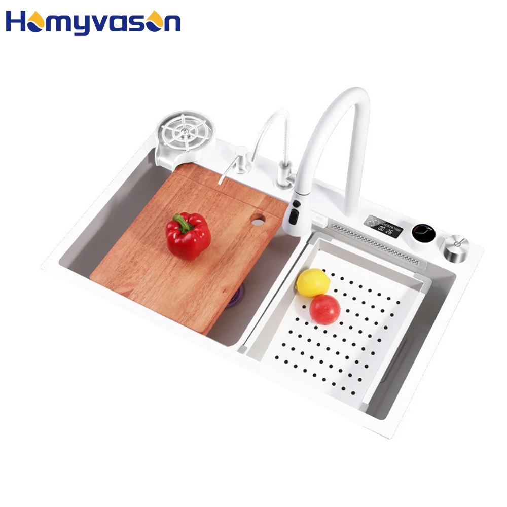 75cm White Modern Digital  Countertop Stainless Steel Smart Multi Function Waterfall Kitchen Sink with Cup Washer with Faucet