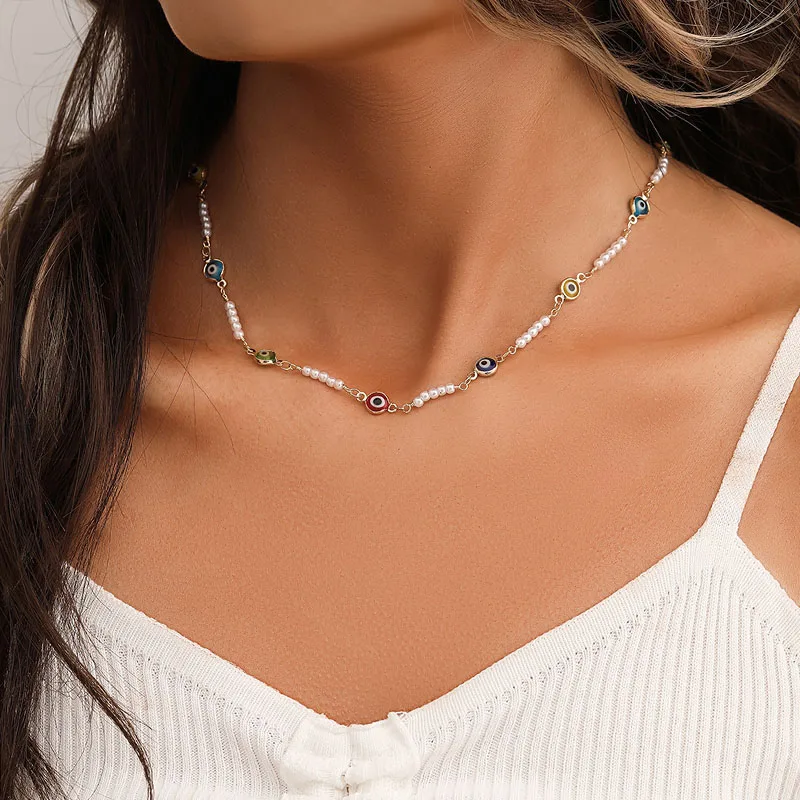 Lucky Turkish Evil Eye Choker Necklace for Women Small Pearl Chains Collar Necklace Girls Short Neck Chains Pearls Jewelry Gifts