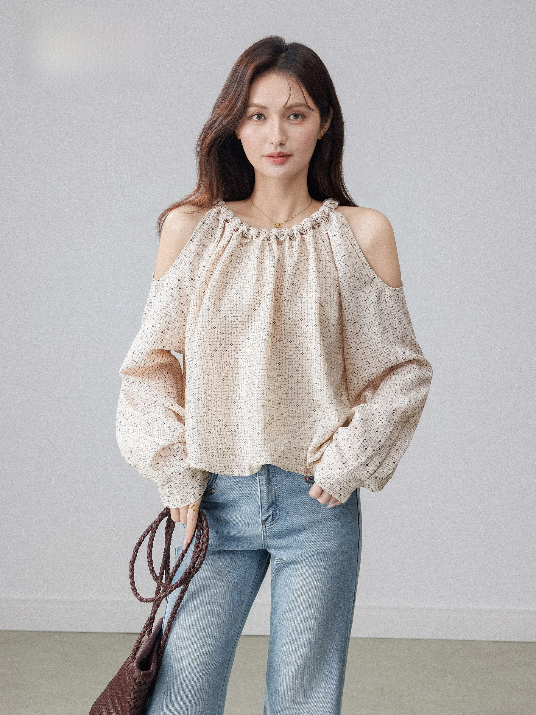 

Нежная женская блузка с открытыми плечами, новинка весеннего сезона 2026, уникальный дизайн, повседневный стиль, длинный рукав, принт в горошек