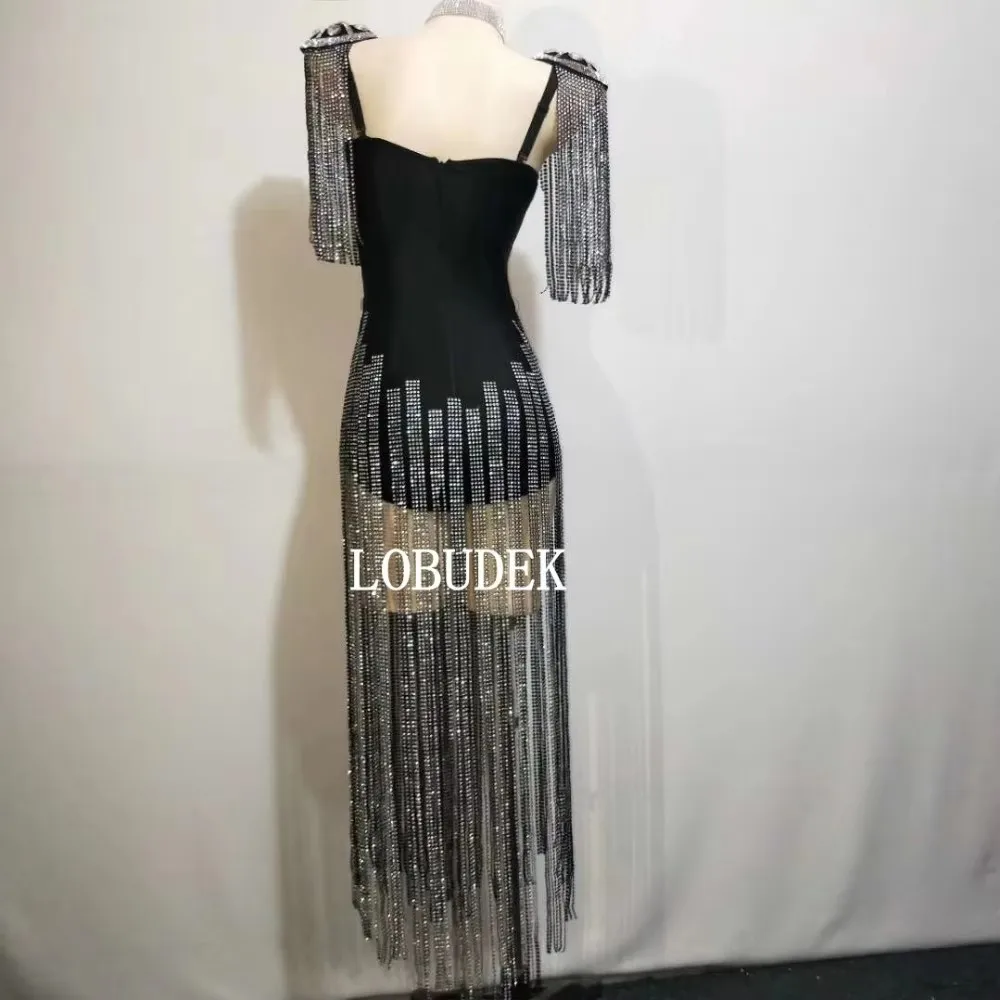 Damski czarno-biały kombinezon z frędzlami i dżetami, seksowny strój z chwostami na imprezę urodzinową, dla piosenkarki, zespołu tanecznego, kostium sceniczny.