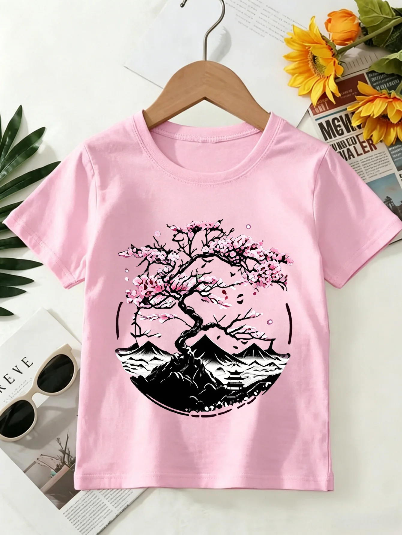 Sakura Tree Kids Tee Japanese Scenery Print Boys Girls Family Matching Cotton Summer Short Sleeve Basic Children Tshirt
