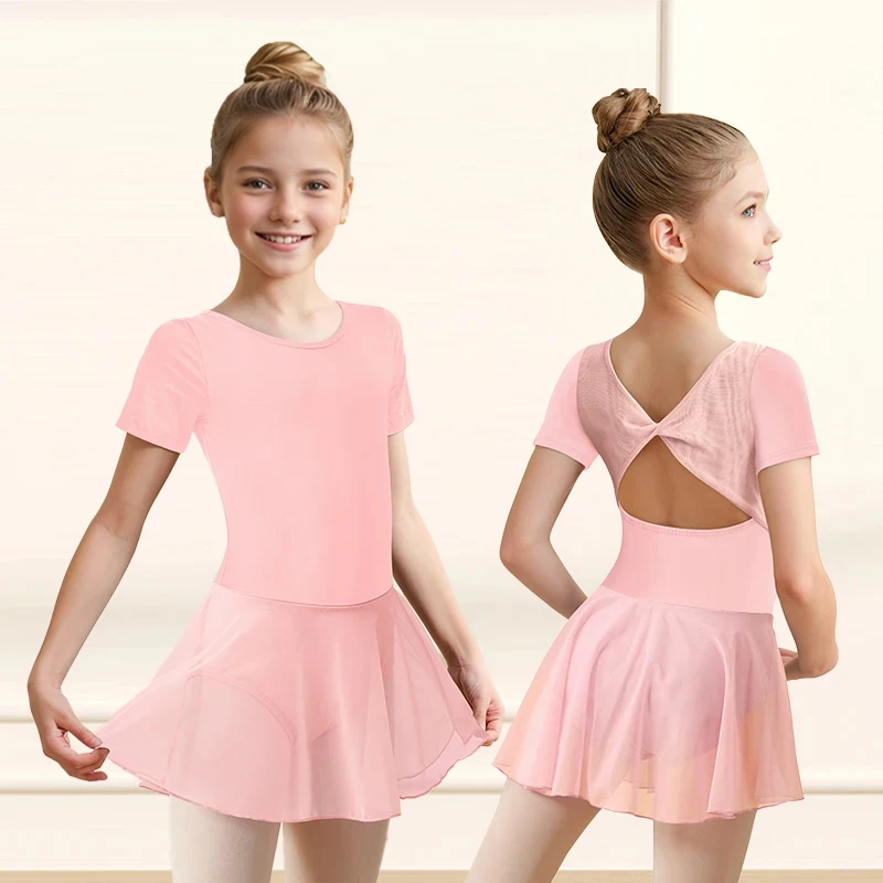 Meisjes Ballet Turnpakje met korte mouwen Peuter Mesh Dansrok Kinderen Terug Boog Knoop Danskleding voor dansvoorstellingen