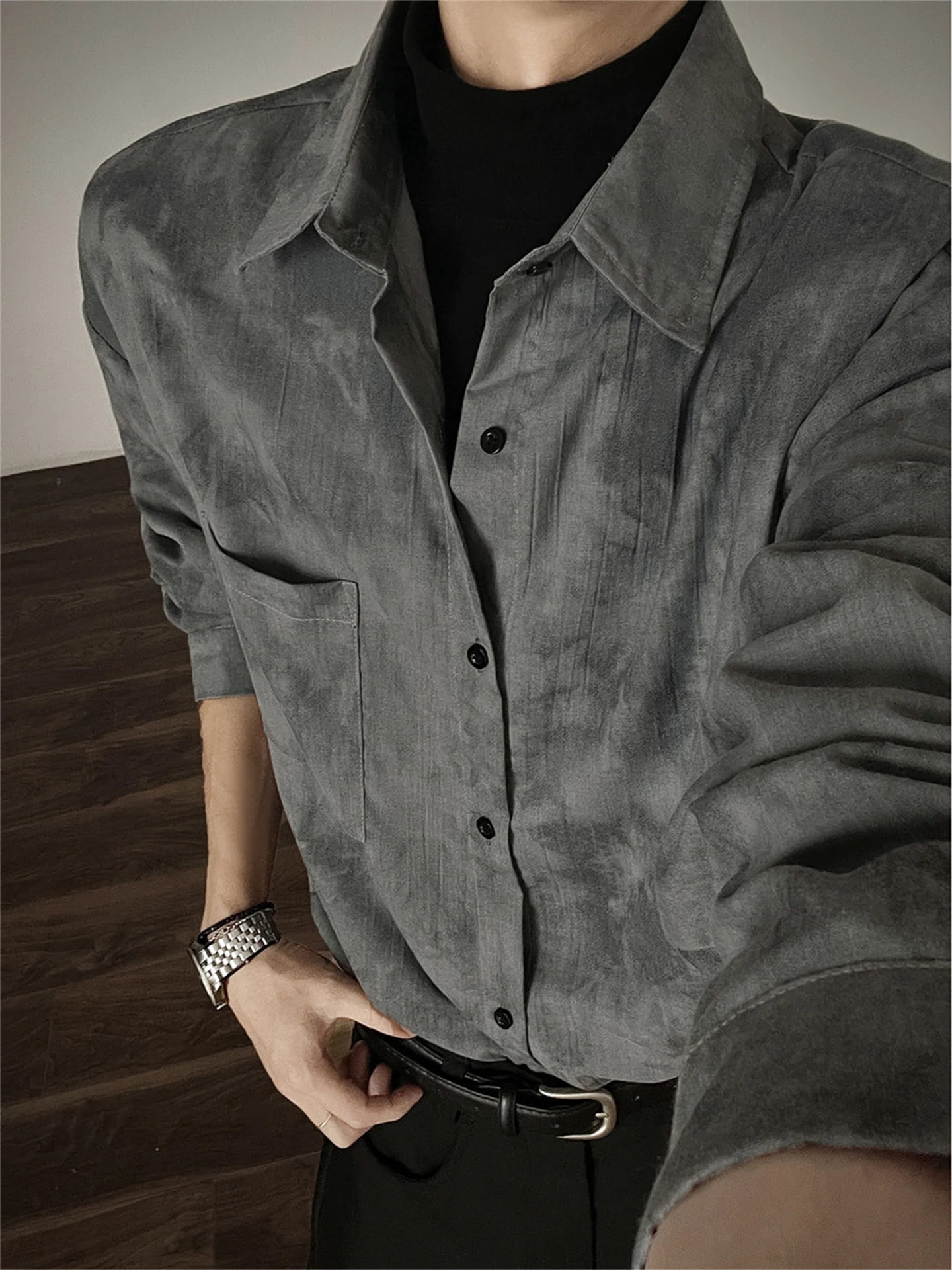 Loose Long Sleeve Men's Shirt Dyed in Smoke Grey Spring Autumn Style Casual Comfortable American Brand Fashion Outerwear