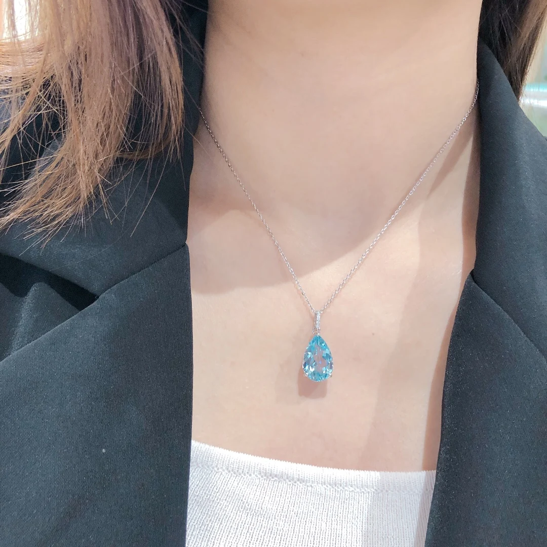 Trendy Necklace for Women Silver 925 Jewelry Water Drop Shaped Natural  Aquamarine Pendant Neck  Engagement Wholesale