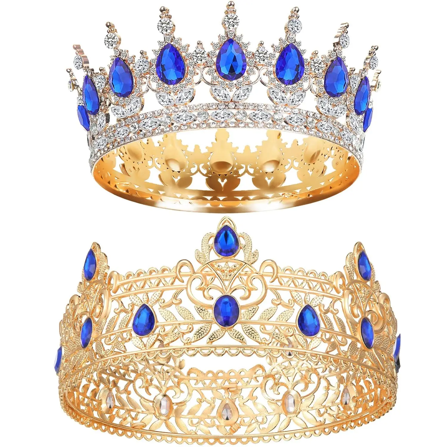 2 Pcs blue King and Queen Crown Set, Prom,Blue Gold,Blue Style Rhinestone Tiara for Women Men, Royal Wedding Birthday Homecoming