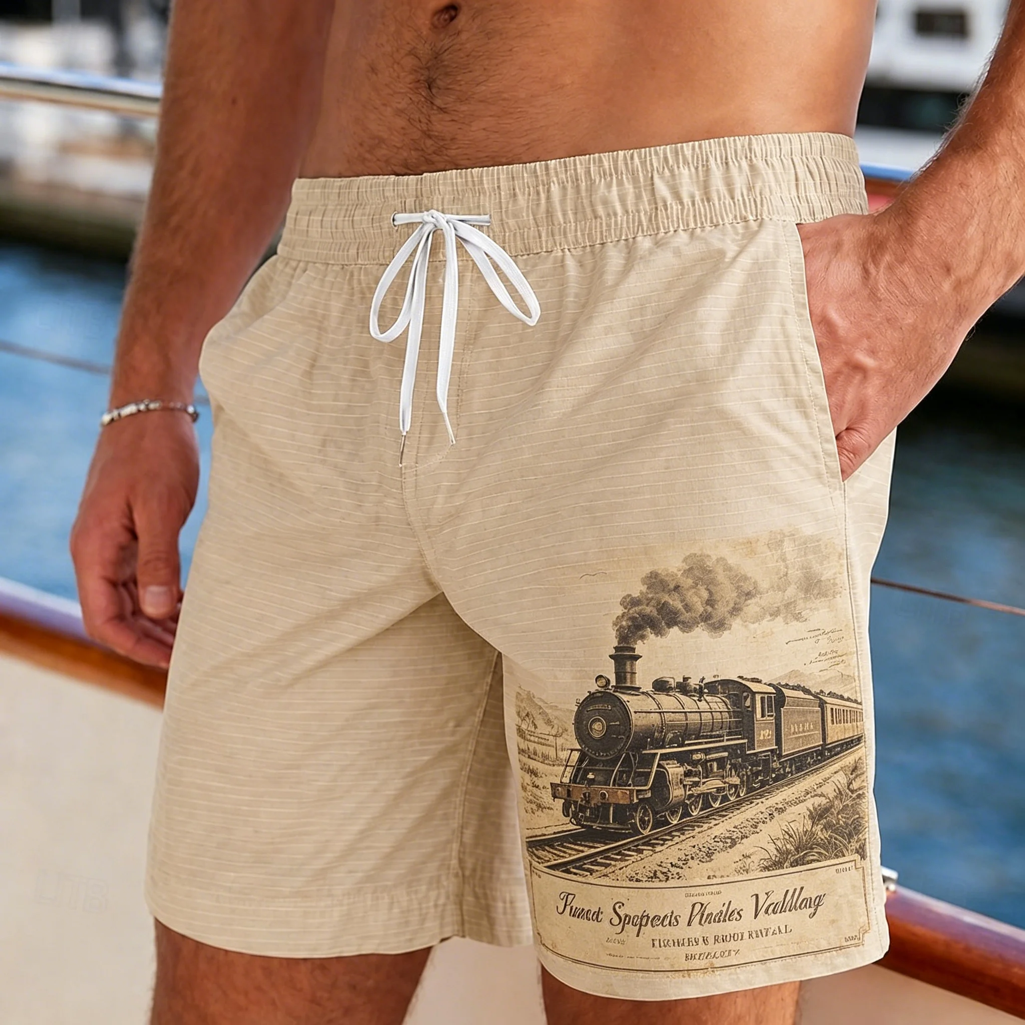 Men's Drawstring Waist Casual Shorts, Khaki Fine Stripe Steam Train Newspaper Print, for Spring Summer Beach Daily Outfits