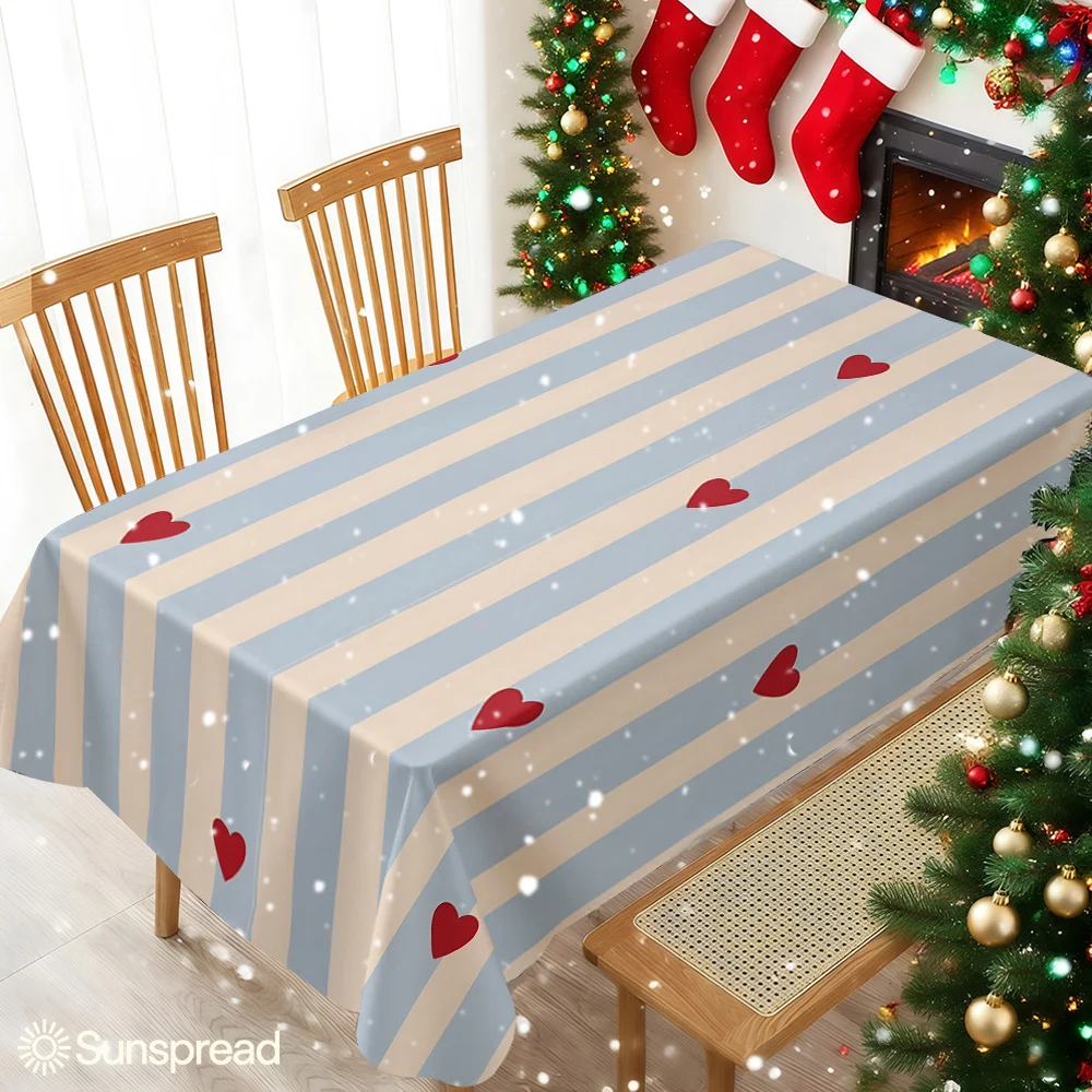 Red Hearts Striped Fabric Table Cloth Waterproof Tablecloth Spill Proof Table Cloth, Wipe Clean Table Cloth for Dining Camping