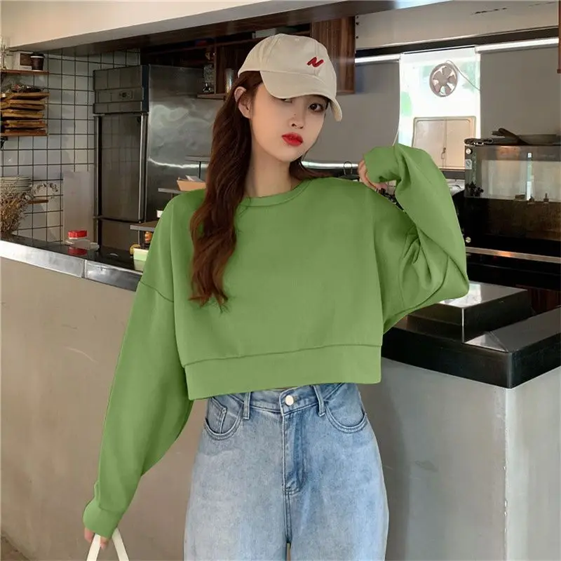 MEXZT 100% Cotton Women Cropped Sweatshirt Pullovers Fashion Harajuku Loose Solid Color Tops Spring Korean Casual Lady Clothes