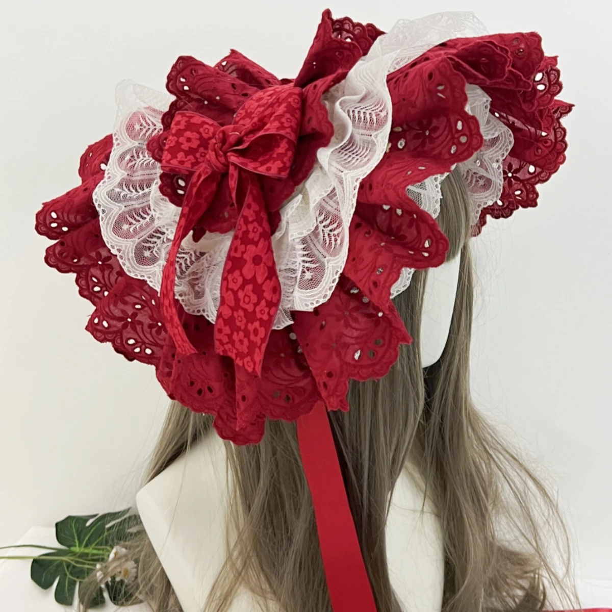 Oryginalny, ręcznie robiony, czarno-biały, koronkowy, haftowany kokarda Lolita Bnt, damski, dziewczęcy, cosplayowy dodatek do włosów, czerwono-biały ozdobny element na głowę.