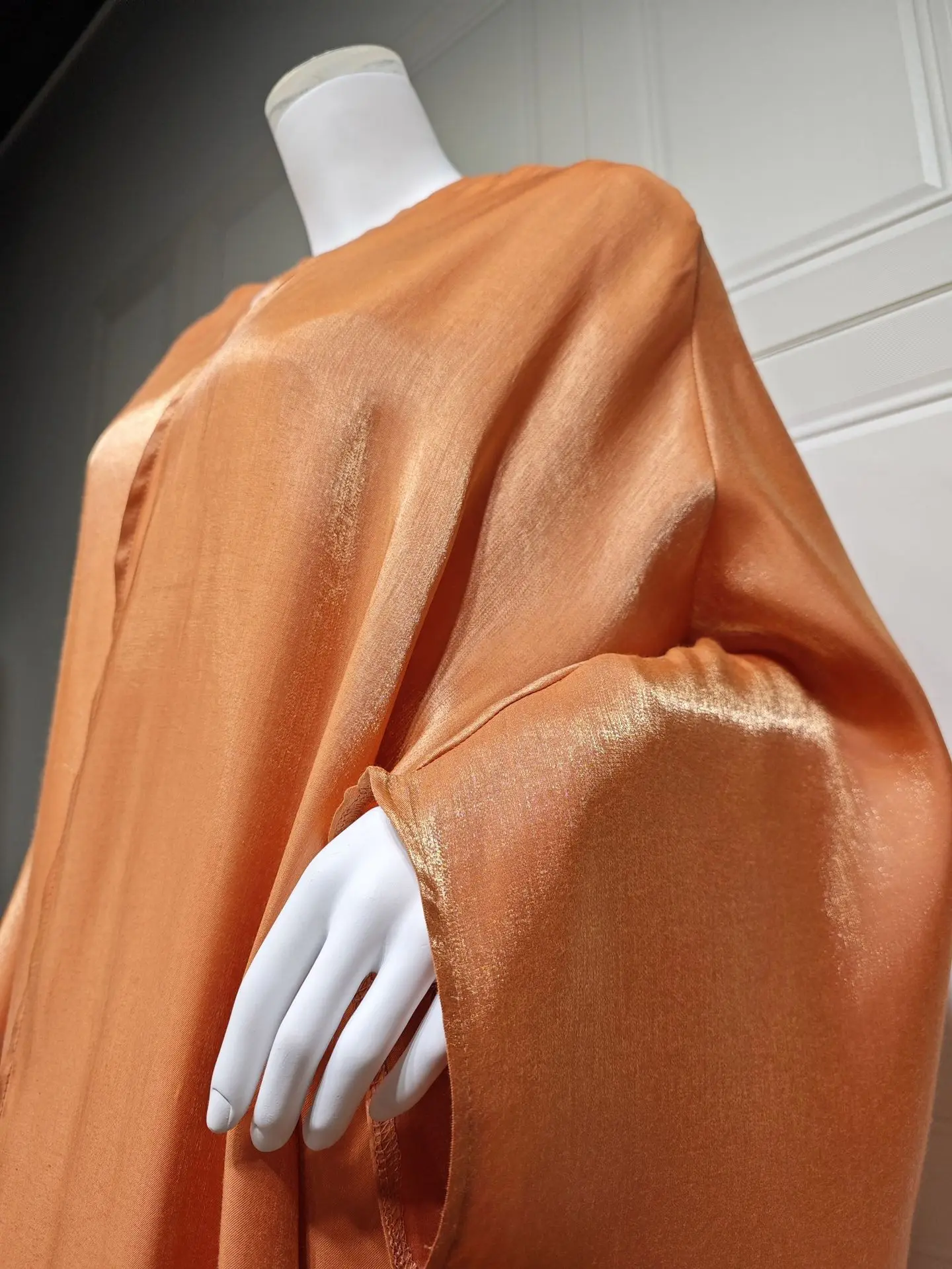 Extra-Loose-Fit Shiny Orange Butterfly Kaftan Abaya-Batwing Sleeves, Open Front. Dubai Islamic Clothing Muslim Women Open Abaya