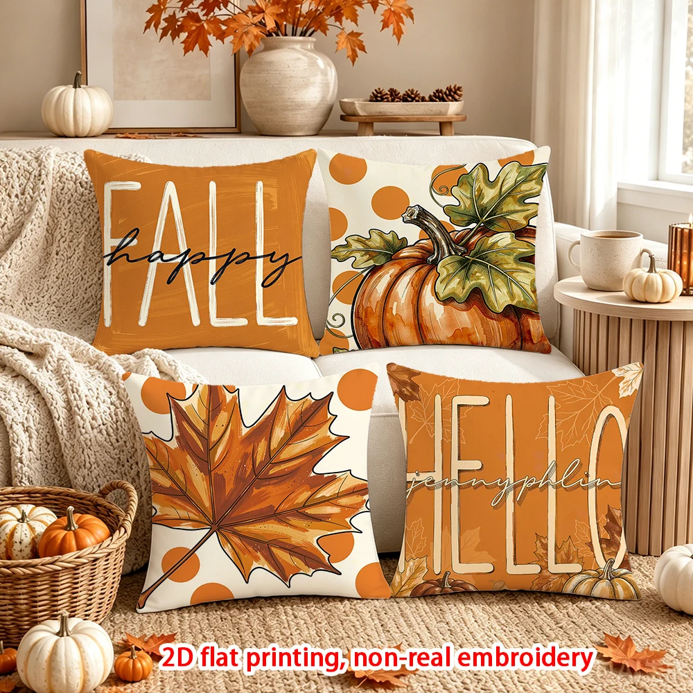 4PCS Fall Pumpkin Throw Pillow Covers, Autumn Harvest Floral Maple Leaf Decorative Cushion Cases for Sofa Couch Bed