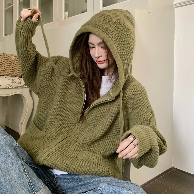 Autumn Winter New Green Knitted Cardigan Women Korean Fashion Loose Long Sleeve Hooded Zipper Sweater Coats Woman