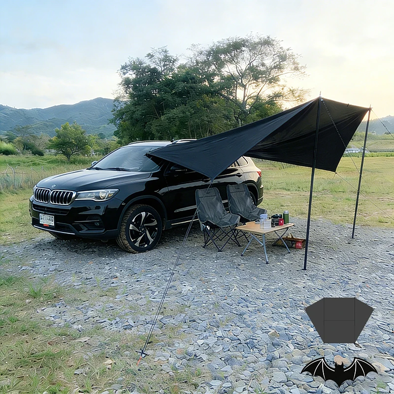 

Bat Shape Car Side Awning Black Coating Tarp 2x3 Outdoor Waterproof Camping Black Coated Car Rear Shelter Tent for SUV Van Sedan