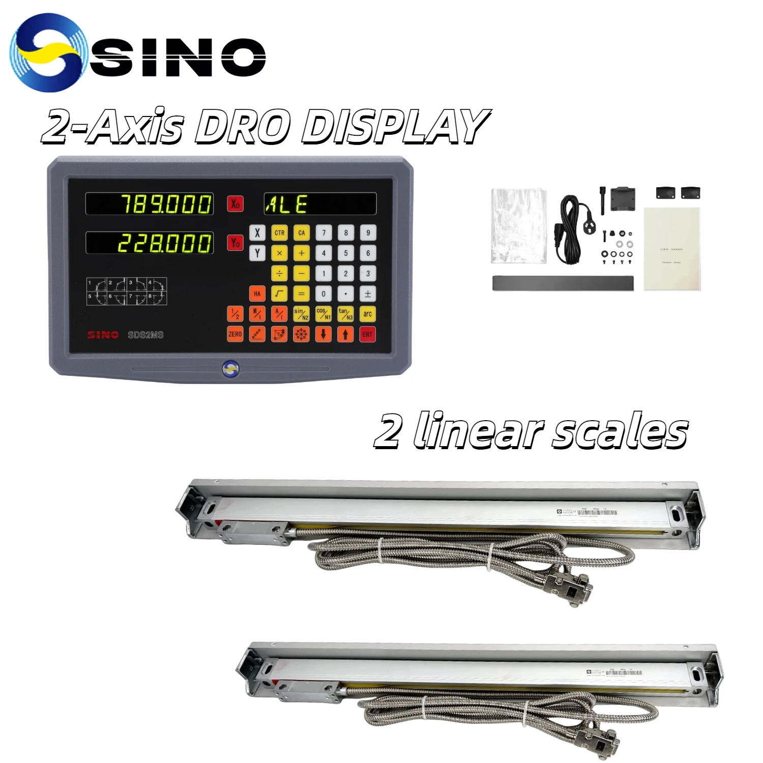 Neues SDS2MS 2-Achsen-DRO-Digitalanzeige AC110V/220V-Display und 2 Stück 100-1000 mm Linearskala-Encoder für Fräsdrehmaschine