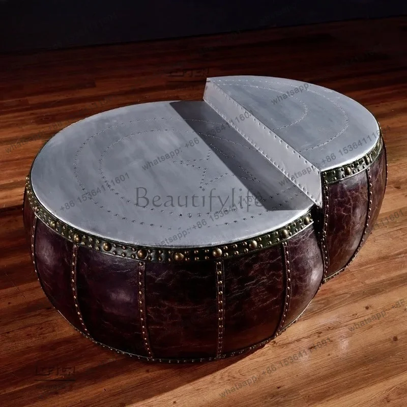 YJ Bar coffee table metal rivets genuine leather drum shape personalized retro industrial style KTV round flat table