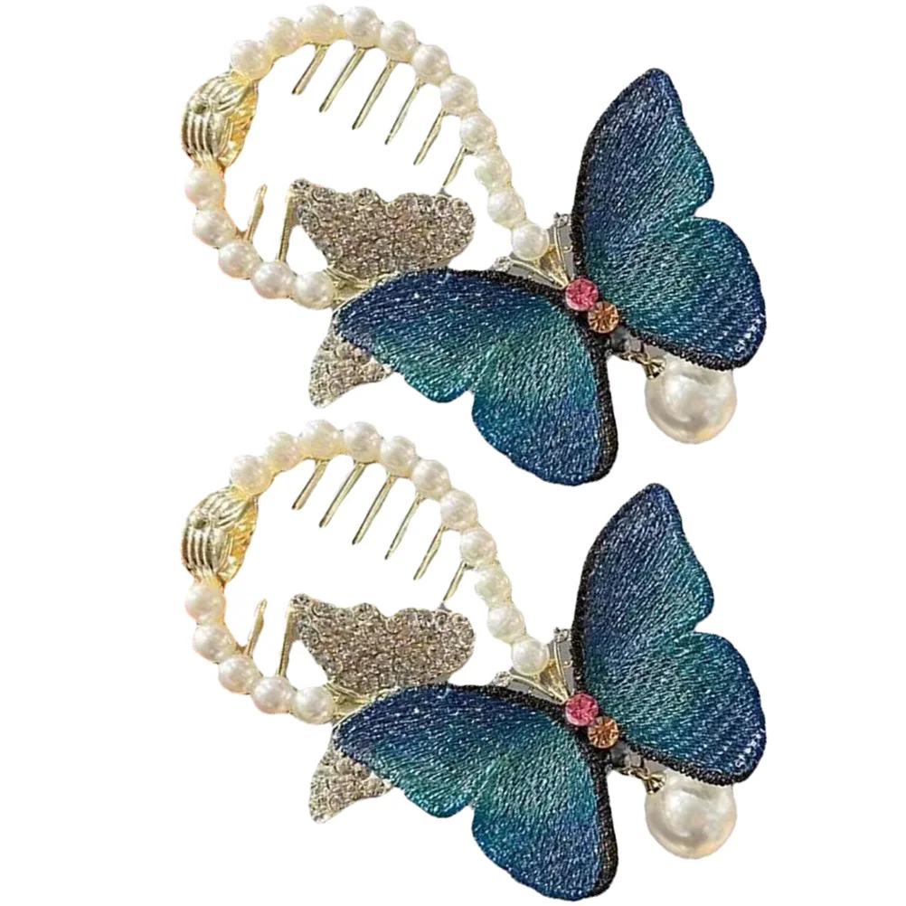 

2pcs Bun Accessories Alloy Hairpin Headgear for Women Butterfly Ponytail Holder Bun Clip Rhinestone Hair Cuff Stylish Hair