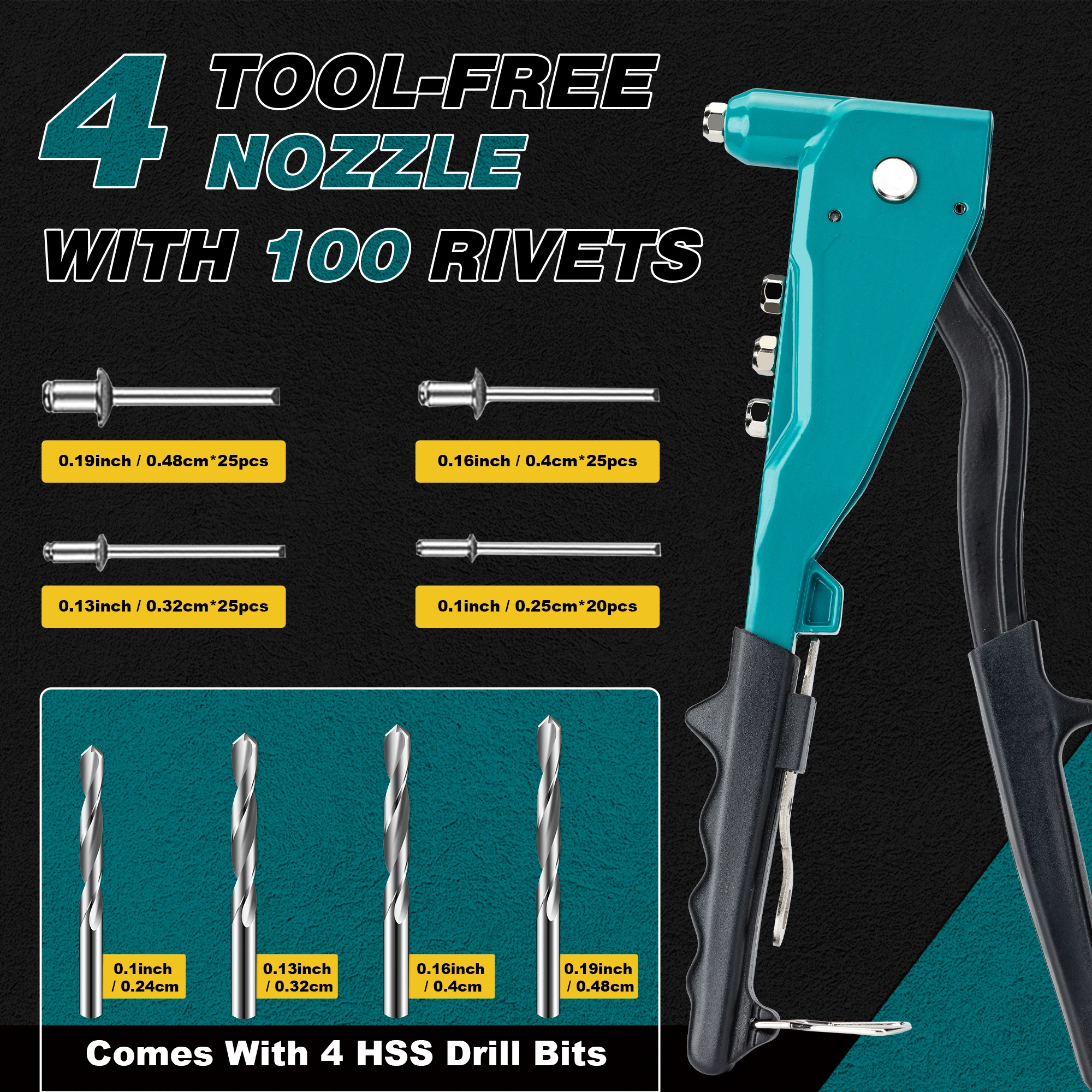 Heavy Duty Rivet Gun, Pop Rivet Gun Set, Professional Hand Riveter Manual Riveting Tool with 110 Rivets, 4 Interchangeable Heads, for Metal, Wood and Plastic, DIY Repairs 4