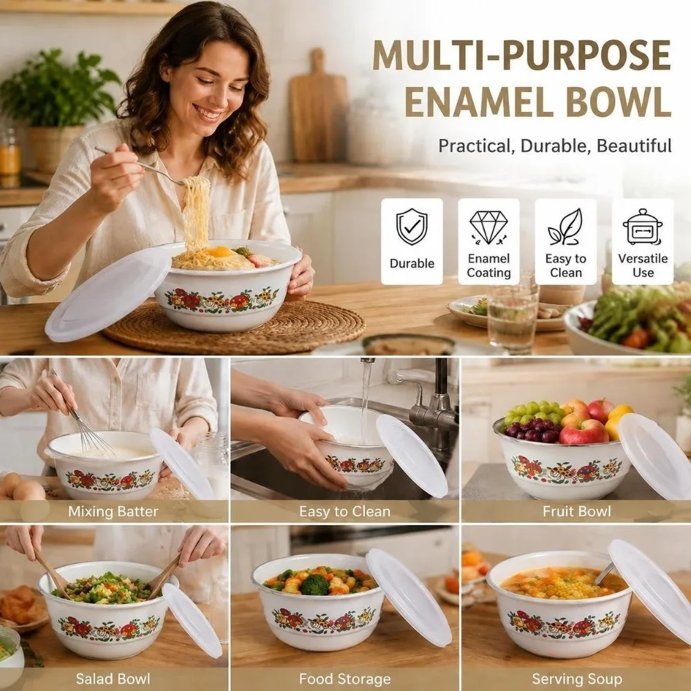 Portable Chinese Rose Print Enamel Bowl Floral Sealed Instant Noodle Bowl Heatable with Lid Enamel Mixing Bowl School Lunch