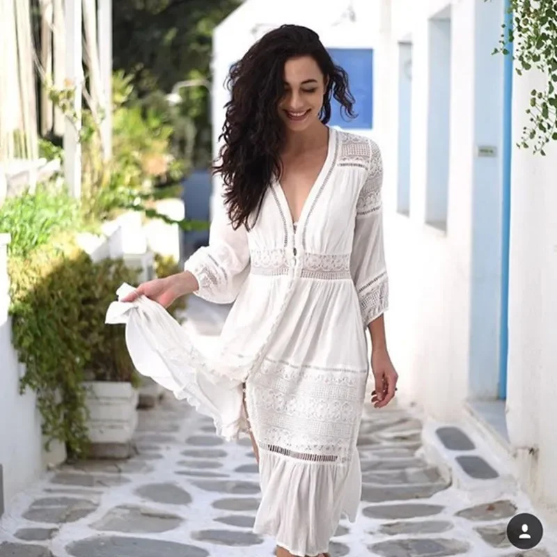 Pouvez-vous psyLady-Robe d'été en coton blanc, col en v, style Boho, dentelle, boutons insérés, mi-longue, manches 3/4, décontractée, nouvelle collection